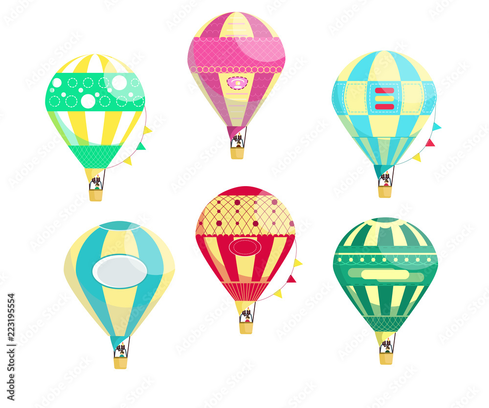 Set of six vivid colourful hot air balloons with a man in the basket isolated on the white background