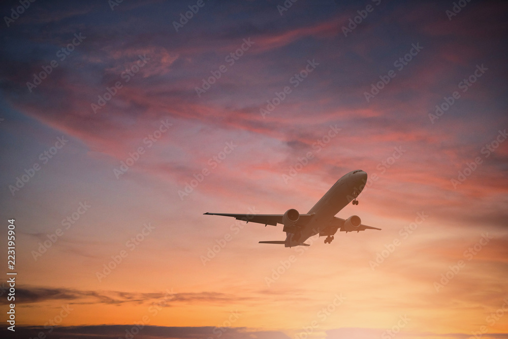 Silhouette of plane fly on sky during sunset.