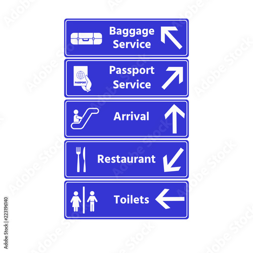 Airport signs set, isolated on blue background. Vector illustration.