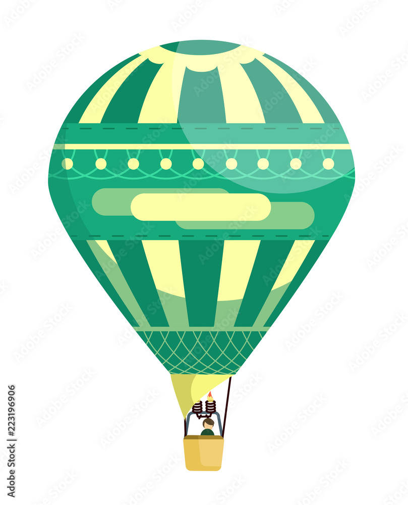 Fototapeta premium Green and yellow flat hot air balloon with pattern and a man in the basket on festival or holiday