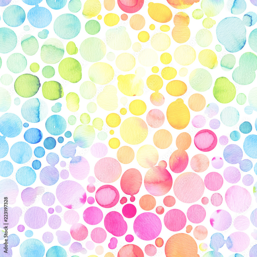 Seamless pattern with abstract bowls, rainbow colors. Watercolor spots, shapes, beautiful paint stains. Background for parties, holidays, birthdays or fabric products.