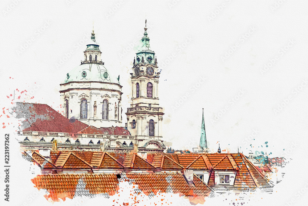 Obraz premium illustration. Beautiful view of the architecture of Prague in the Czech Republic.