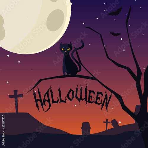 halloween card with night cemetery scene