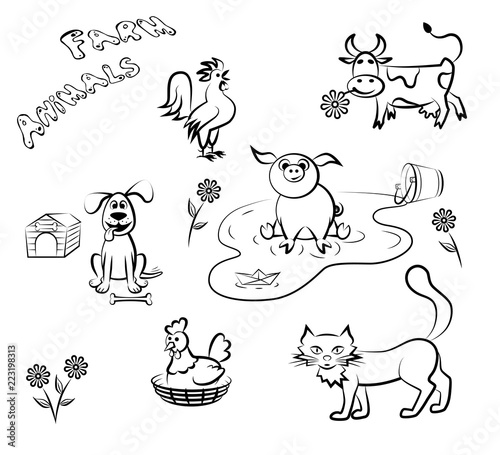 Farm animals in a linear style. Set of vector illustration.
