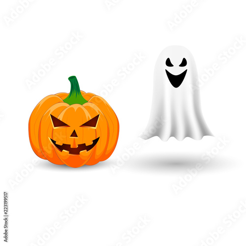 Pumpkin and ghost on white background. The main symbol of the Happy Halloween holiday. Orange pumpkin with smile for your design for the holiday Halloween. Vector illustration. © angelmaxmixam
