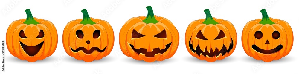 Set pumpkin on white background. The main symbol of the Happy Halloween holiday. Orange pumpkin with smile for your design for the holiday Halloween. Vector illustration.