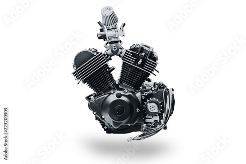 black V shape vintage motorcycle engine isolated on white background