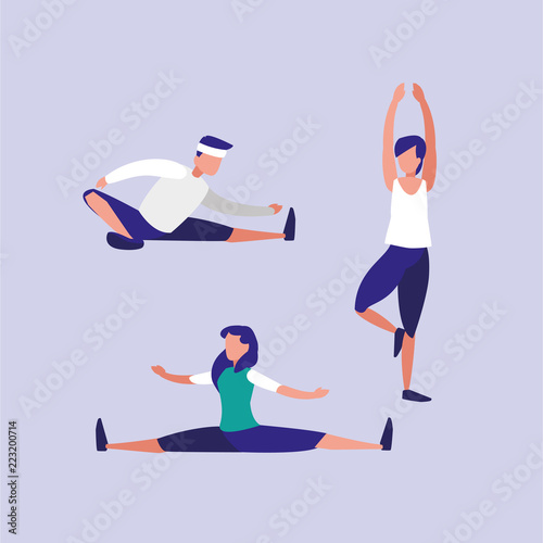 people praticing stretching avatar character