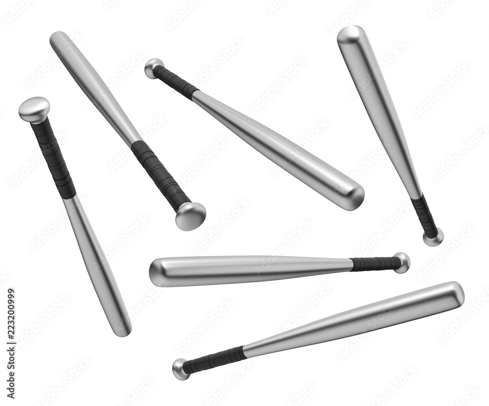 3d rendering of many steel baseball bats black-wrapped handles flying in different angles on a white background.
