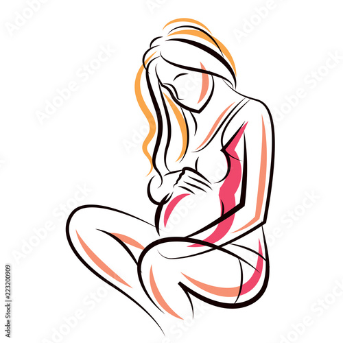 Pregnant female beautiful body outline, mother-to-be vector drawn illustration. Happiness and caring theme. Mothers day.