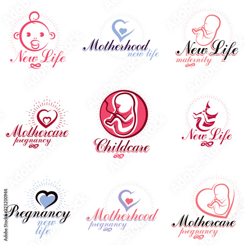 Vector embryo and newborn emblems set isolated on white. New life beginning drawings. Prenatal center and motherhood preparing clinic abstract emblems