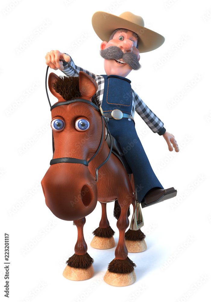 3d illustration farmer on horseback/3d illustration cowboy in a hat with a curvy mustache