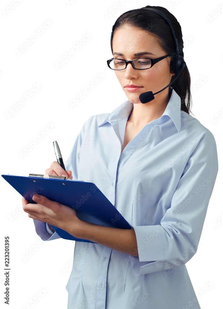 Close-up portrait of young businesswoman with headphones