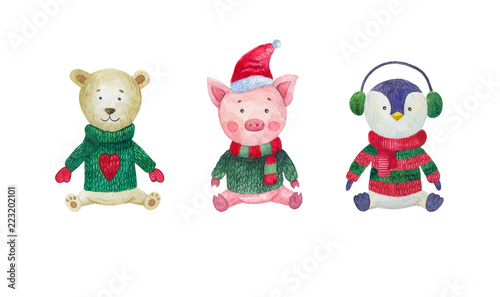 set of watercolor illustrations for Christmas and new year.  Characters  polar bear  pig  penguin