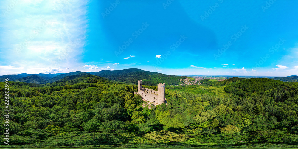 Medieavl ruins of Andlau castle on the hill in Alsace, panoramic aerial view