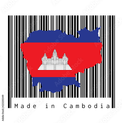 Map outline and flag of Cambodia on black barcode with white background, text: Made in Cambodia. concept of sale or business.