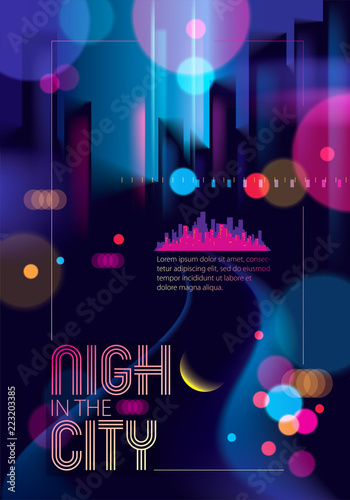 Abstract urban night light bokeh , defocused background. Effect vector beautiful background. Blur colorful dark background with cityscape, buildings silhouettes skyline.