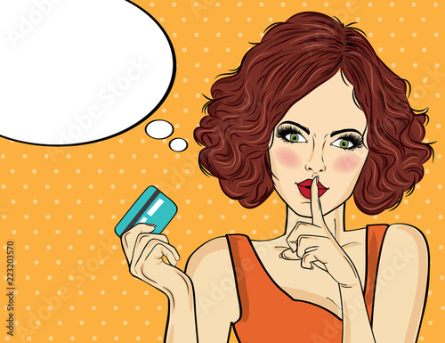 Beautiful woman  in pop art style with credit card showing hand silence sign