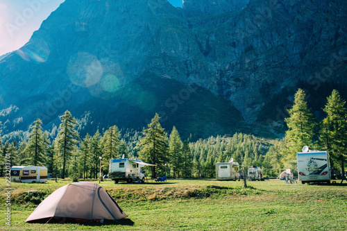 tourist tent in mountains camping at Italy, active resting