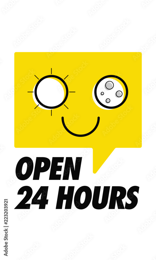 Open 24 Hours. Open Shop 24/7. Vector illustration of sun and moon abstract design