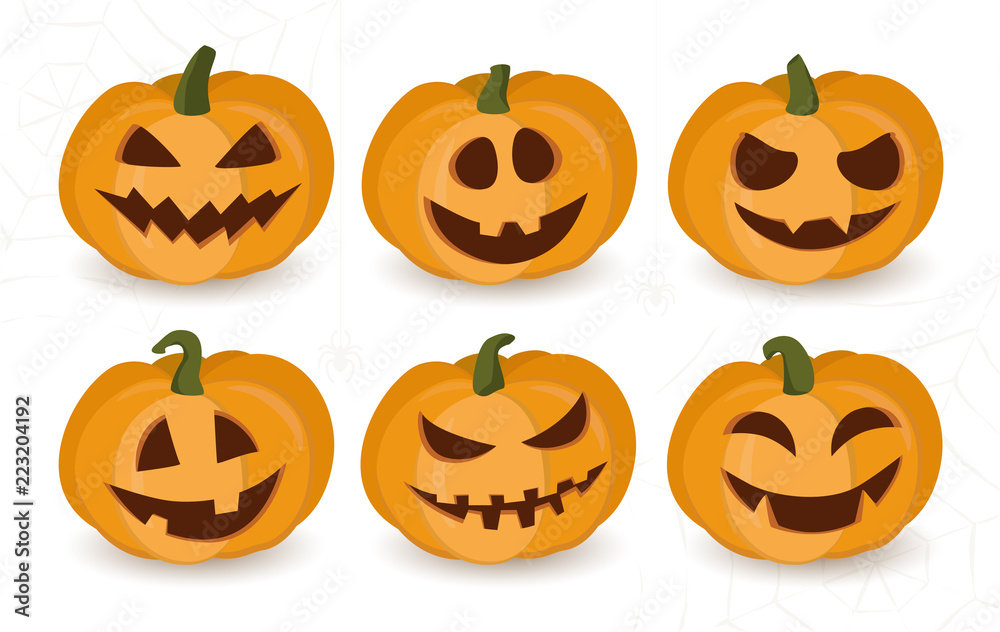 Set of Halloween pumpkins with funny or scary faces. Cute cartoon pumpkin  character vector illustrations. Different emotions. Autumn holiday symbols  Stock Vector | Adobe Stock