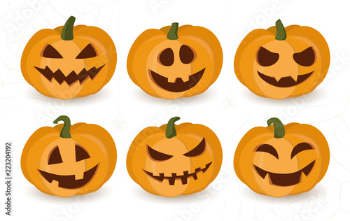 Set of Halloween pumpkins with funny or scary faces. Cute cartoon pumpkin character vector illustrations. Different emotions. Autumn holiday symbols