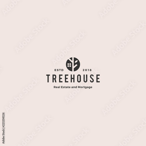 eco house home treehouse mortgage real estate logo vintage retro hipster vector