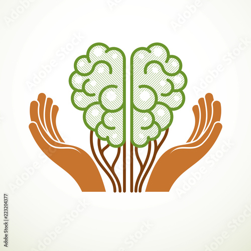 Tree Brain concept, the wisdom of nature, intelligent evolution. Human anatomical brain in a shape of green tree with tender careful hands. Vector logo or icon design.