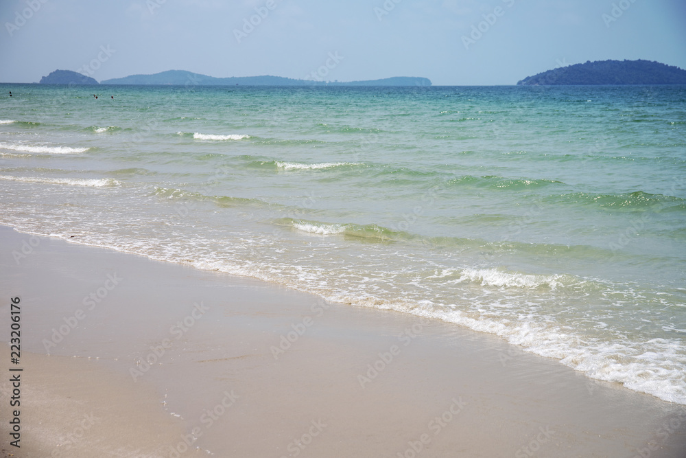 Tropical sea landscape with white sand and blue sea. Tropical seaside landscape with white sand beach Tropical sea landscape with white sand and blue sea. Tropical seaside landscape with white sand beach