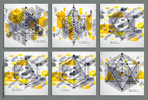 Abstract vector geometric isometric yellow backgrounds set. Mechanical scheme, vector engineering drawing with cube and geometric mechanism parts.