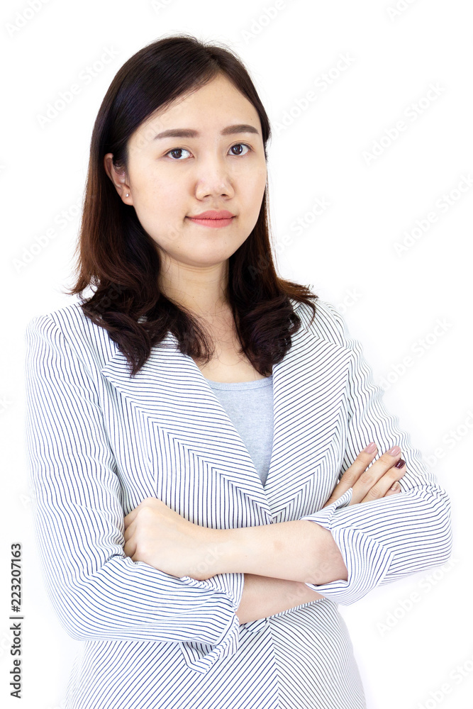 Confident Asian business women having a little smile isolated on white background. Copy space on right hand side for text and other use. Confident Asian business women having a little smile isolated on white background. Copy space on right hand side for text and other use.