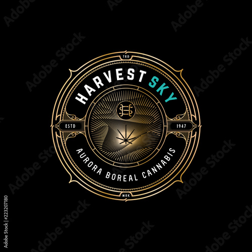 Vector vintage frame for logo, label design. Premium ornate golden logo template for cannabis, tequila, whiskey, spirituous drinks label.