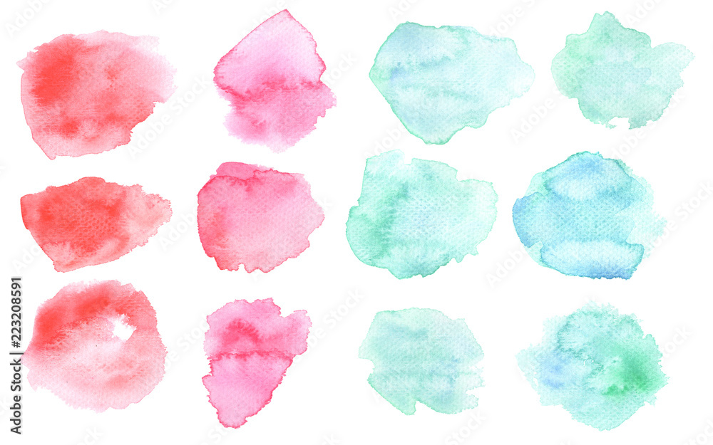 Watercolor washout blot in pink and blue color. Watercolour blots isolated on white background. Color and water gradient