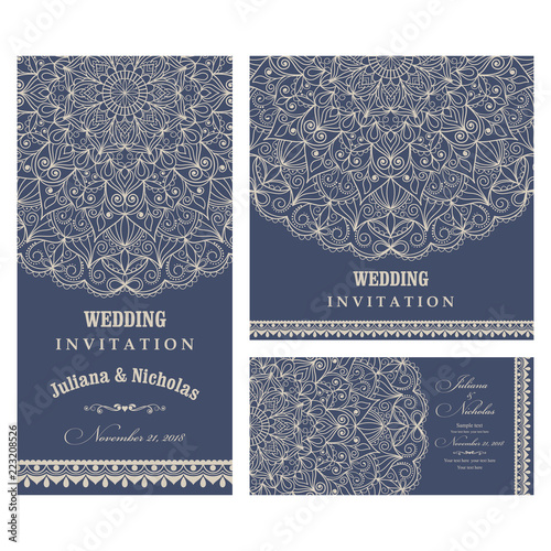 Wedding invitation cards Eastern style blue and beige. Arabic  Pattern. Mandala ornament. Frame with flowers elements. Vector illustration.