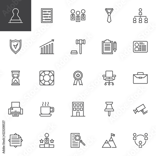 Business outline icons set. linear style symbols collection, line signs pack. vector graphics. Set includes icons as Stamp, Abacus, Group, Hierarchical structure, Profits, Auction, Briefcase Building