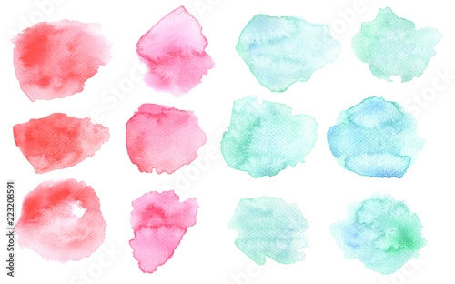 Watercolor washout blot in pink and blue color. Watercolour blots isolated on white background. Color and water gradient photo