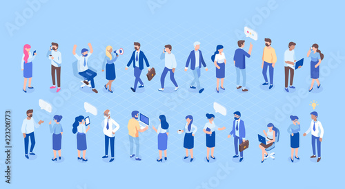 Isometric people flat vector set. Office life, communication. 