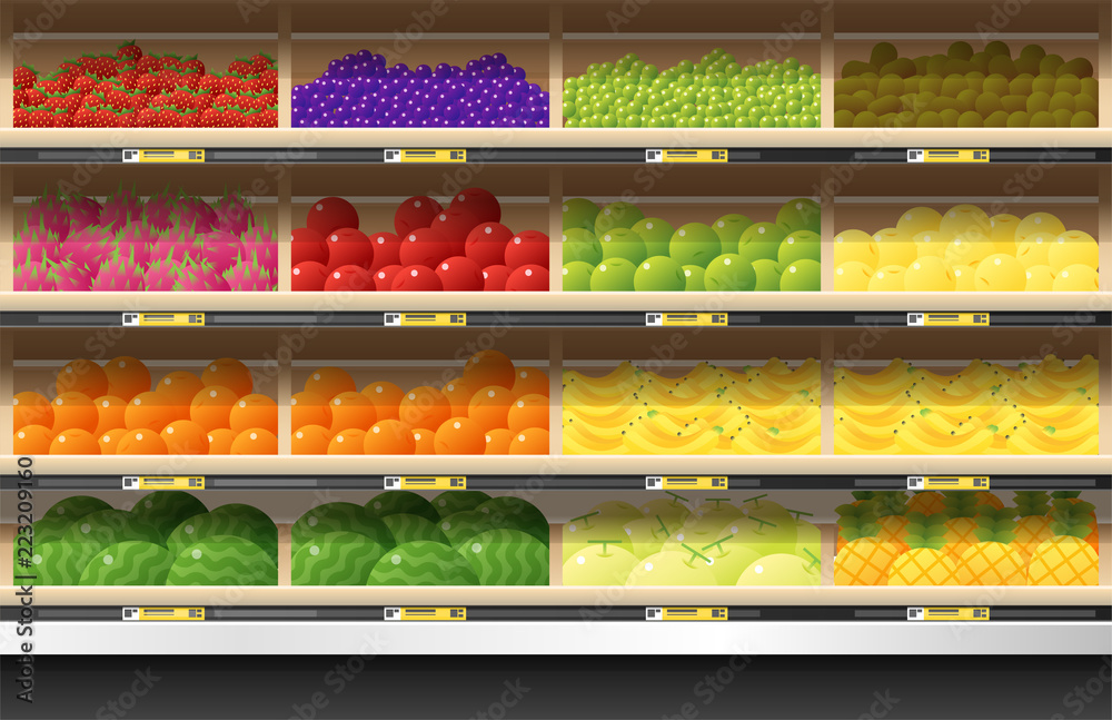 Fresh fruits for sale display on shelf in supermarket , vector , illustration