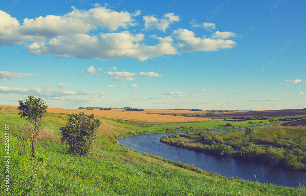 Obraz premium Sunny summer landscape with fields,river and beautiful woods.Tula region,Russia