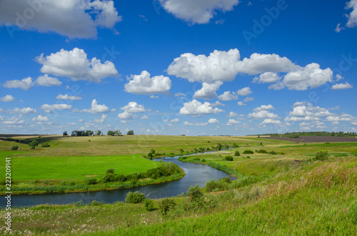 Sunny summer landscape with fields river and beautiful woods.Tula region Russia