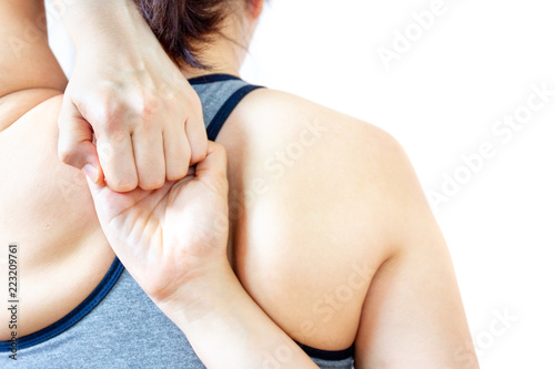 Portrait of Asian women age between 25-30 years old doing a stretching before exercise close up haft body.