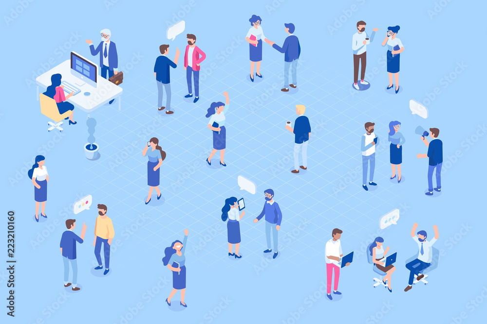 Isometric people vector set. Office life. Isometric office workspace with people working together. Flat illustration. 