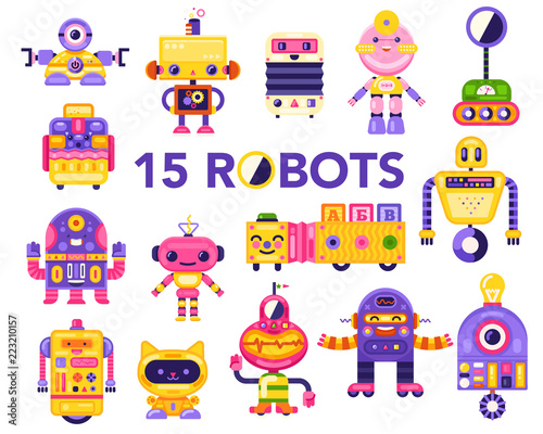Set of 15 vector robots in colorful cartoon modern flat style. Isolated robot characters in a white background