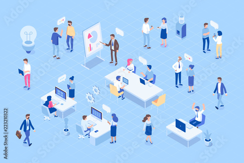 Isometric people vector set. Office life. Isometric office workspace with people working together. Flat illustration. 