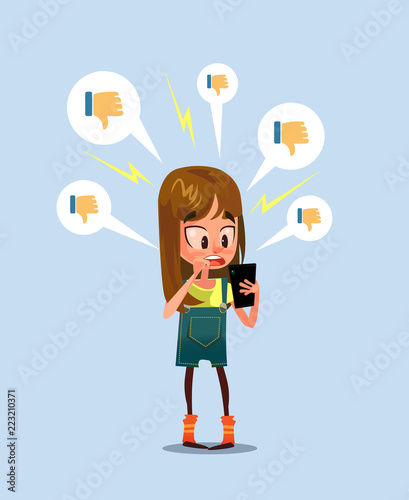 Woman girl character receive bad comments. Social media communication network. Vector design graphic flat cartoon illustration