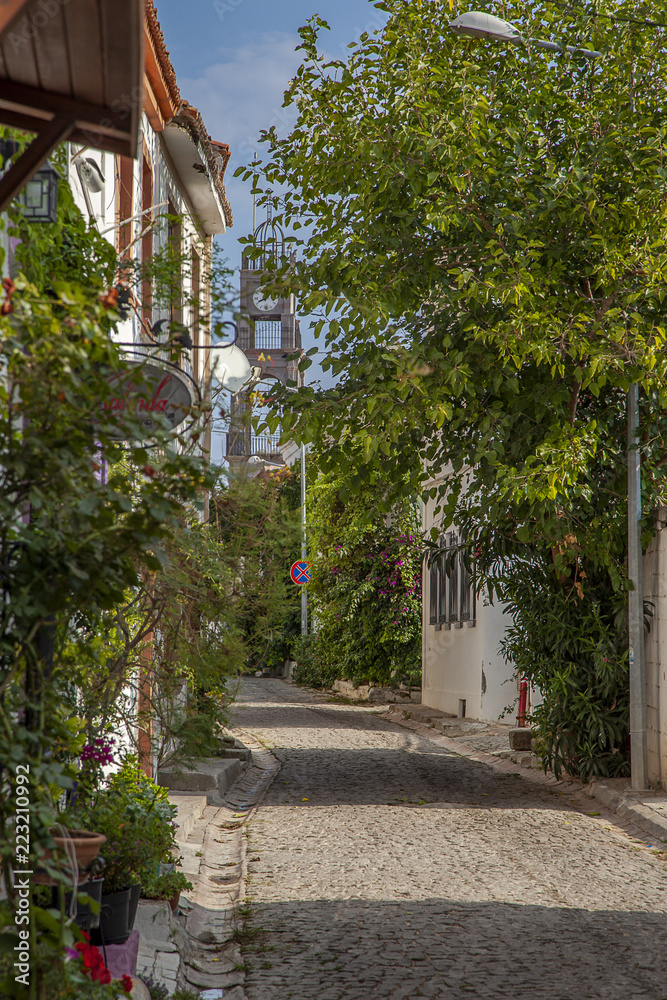 Picturesque and floral church street of Tenedos (Bozcaada) Island by Aegean Sea