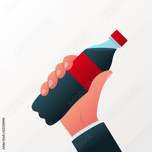 Bottle of soda hold in hand. Cola in plastic tarre. Vector illustration flat design. Isolated on white background. Fast food drink symbol. Carbonated drink. Refreshing coca.