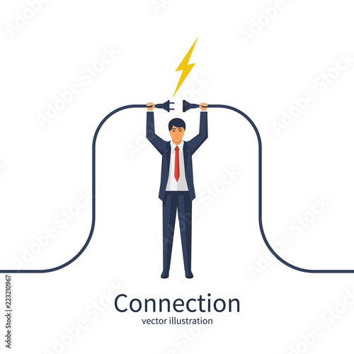 Connecting power socket. Businessman connecting hold plug and outlet in hand. Vector illustration flat design, isolated on background. Business connection concept.