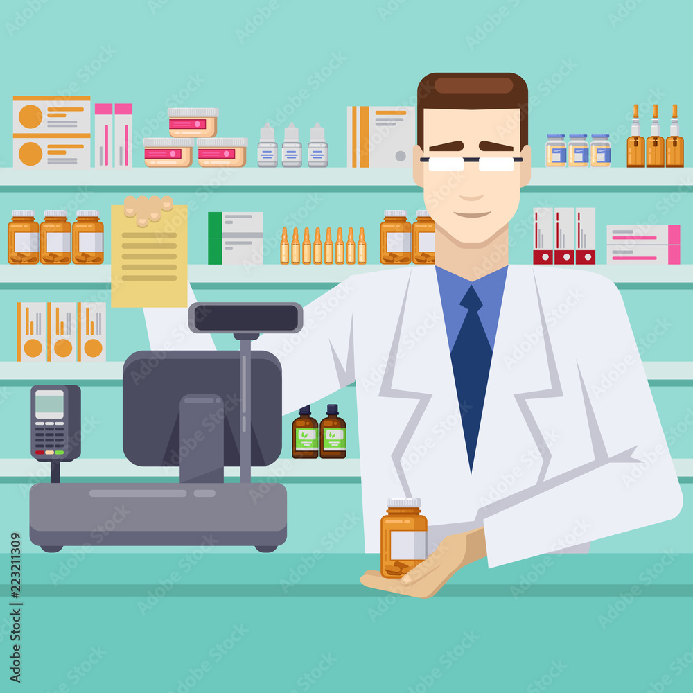 Male pharmacist with pills behind the counter. Pharmacy or drugstore interior. Vector flat style illustration