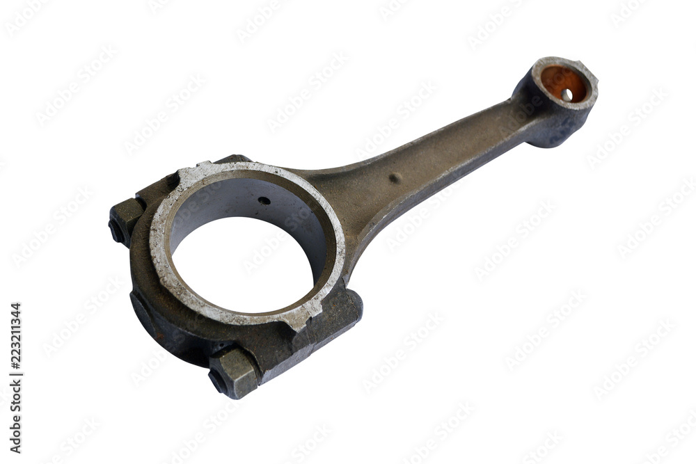 Obraz premium Connecting rod from a car engine. Isolated on white background